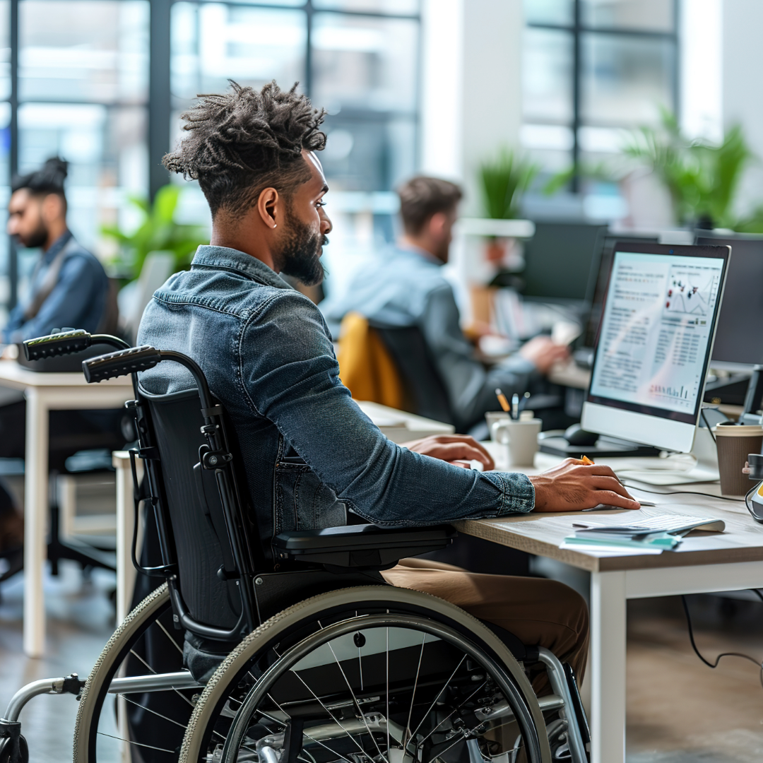 Imaan in wheelchair at his desk on his desktop