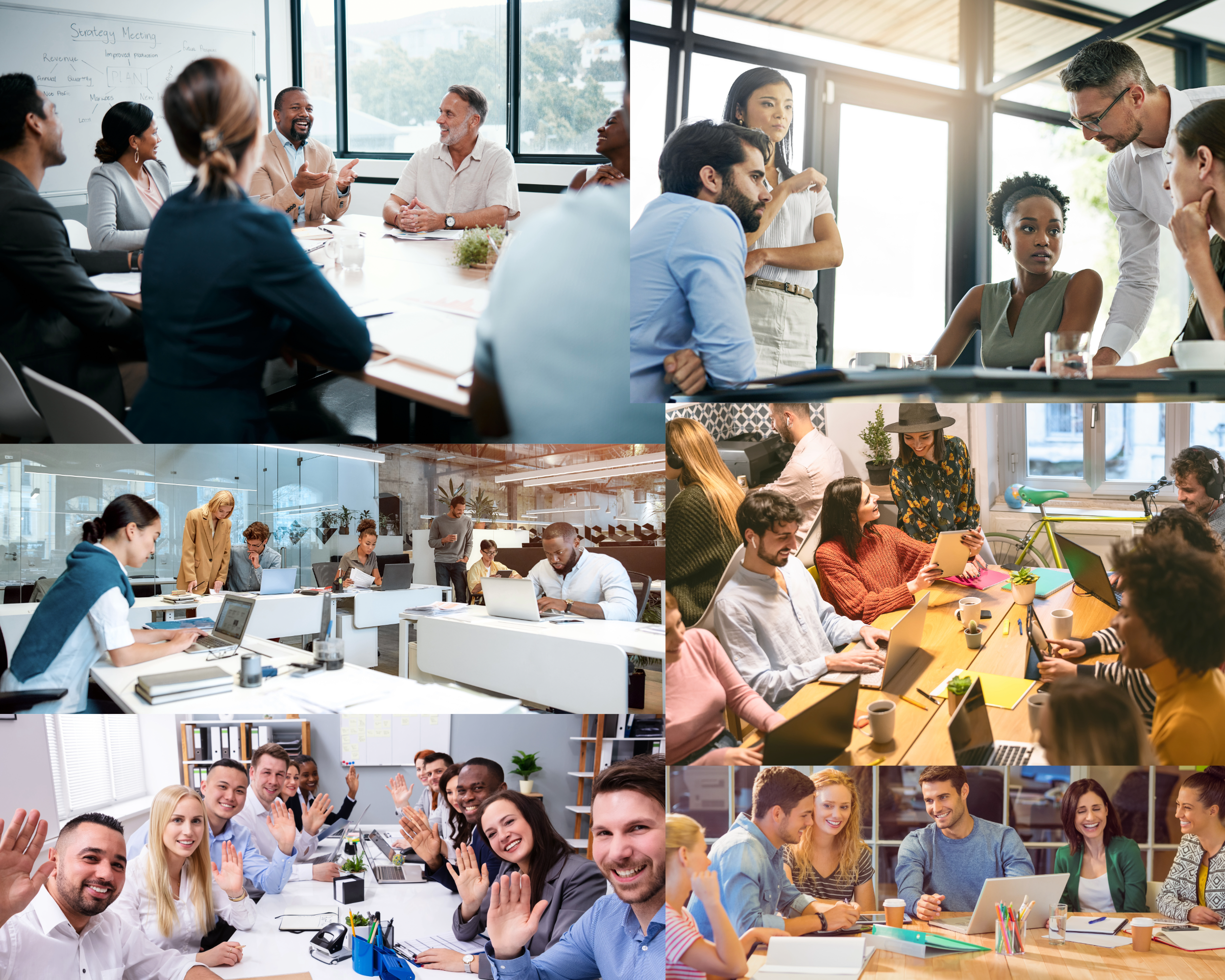 collage of people working as team